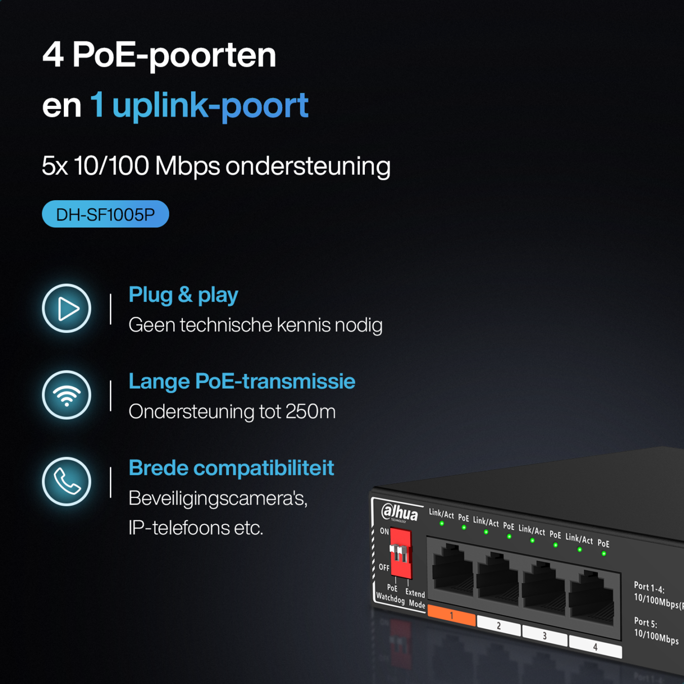 Koop Dahua Ethernet Switch PoE - 5 x 10 / 100 Mbps - Hi-PoE 60W Poort